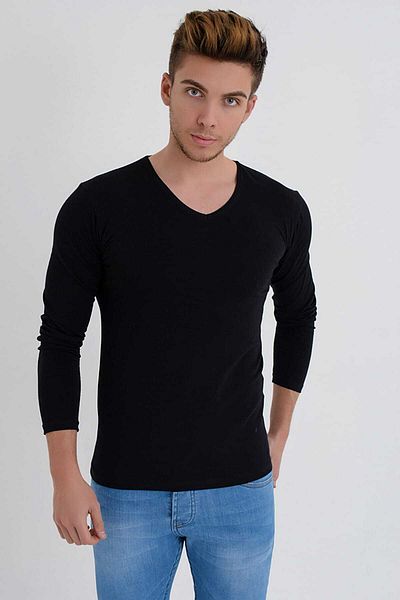 DYNAMO Tricou de bază din Lycra, negru, cu mânecă lungă, cu decolteu în V