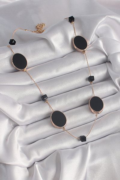 Skygo Brass Gold Color Black Color Oval Black Cube Detail Women's Necklace - Tj-Bko9625