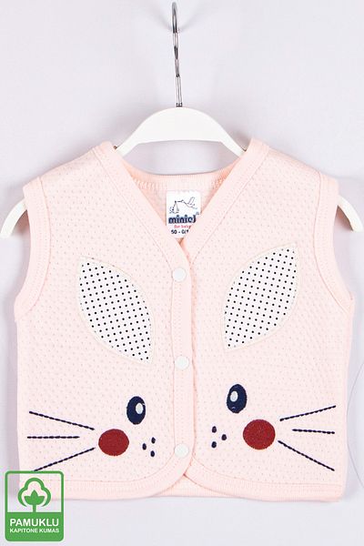 Miniel Baby Girl Face Rabbit Embroidered Organic Cotton 1-3-6-9 Months Quilted Baby Vest - Salmon