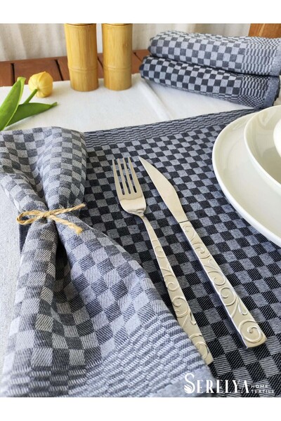 serelya 40x60cm Siyah& Koyu Gri Dama Desen Mutfak Sunum Peçetesi, Şık Tasarım, Premium Görünüm, Sofra Bezi