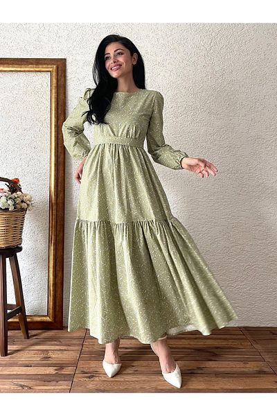 KÜÇÜĞÜM BUTİK Rochie stratificată din popelin crocant verde Hijab