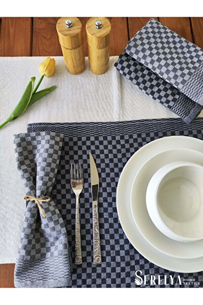 serelya 40x60cm Siyah& Koyu Gri Dama Desen Mutfak Sunum Peçetesi, Şık Tasarım, Premium Görünüm, Sofra Bezi