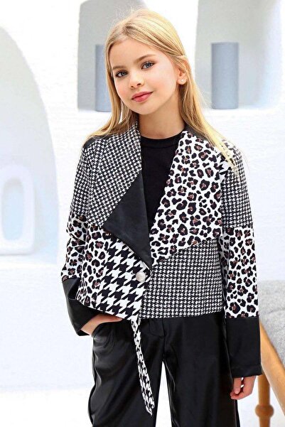 Riccotarz Girls' Leopard and Houndstooth Leather Detail Jacket Loose Fit Pants Black Bottom Top Suit