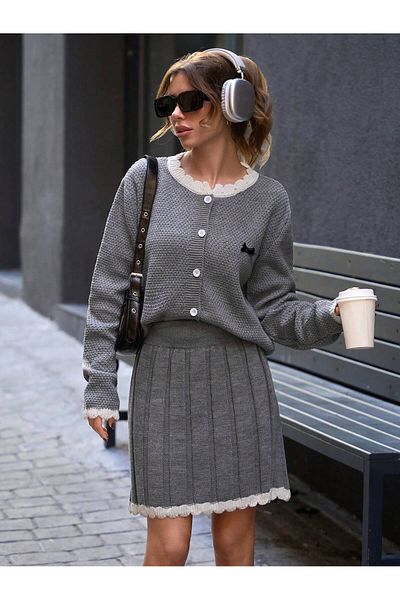 Puella Women's Gray Wide Corduroy Skirt - Bow Detail Crew Neck Set