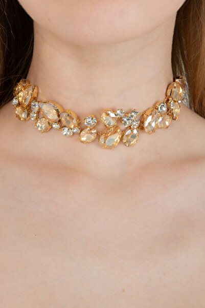Furtek Aksesuar Kadın Salaş Dizim Gold Zirkon Taşlı Altın Renk Kaplamalı Parıltılı Abiye Düğün Choker Kolye Modeli