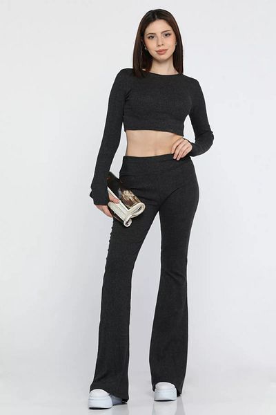 GÜLSELİ K.Anthracite Spanish Leg Pants Crop Top Blouse Wool Camisole Double Suit