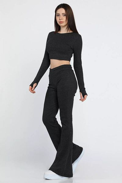 GÜLSELİ K.Anthracite Spanish Leg Pants Crop Top Blouse Wool Camisole Double Suit