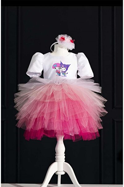 YAĞMUR KOStütüM Taç Hediyeli Kuromi My Melody Temalı Kız Çocuk Beyaz Doğum Gü...