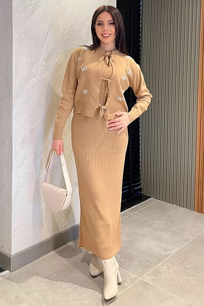 GÜLSELİ Biscuit Front Tie Pearl Jacket Dress Knitwear Double Set