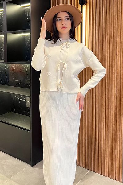 GÜLSELİ Cream Front Tie Pearl Jacket Dress Knitwear Double Set