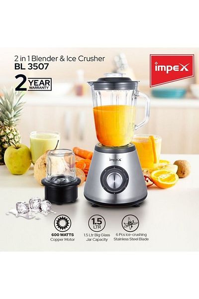 İMPEX خلاط 2 في 1 وكسارة ثلج محرك 600 واط، وعاء خلاط زجاجي سعة 1.5 لتر مع شفرات فولاذية BL3507