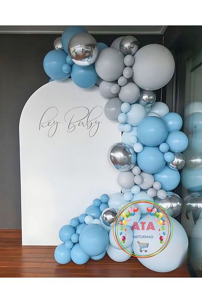 Ata Parti Dünyası Birthday Concept - 100 Pieces Blue*Grey*Chrome Silver Balloon Chain Party Set