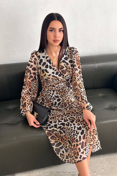 Neşeli Butik rochie de damă din șifon cu imprimeu leopard NBK3044