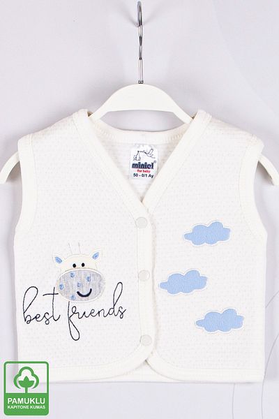 Miniel Baby Boy Cloudy Cow Embroidered Organic Cotton 1-3-6-9 Months Quilted Baby Vest - Ecru/blue