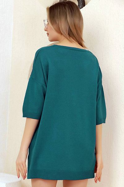 ALCHON V-Neck Half-Quarter Sleeve Back Long Front Short Slit Loose Cut Seasonal Basic Loose Knitwear Sweater