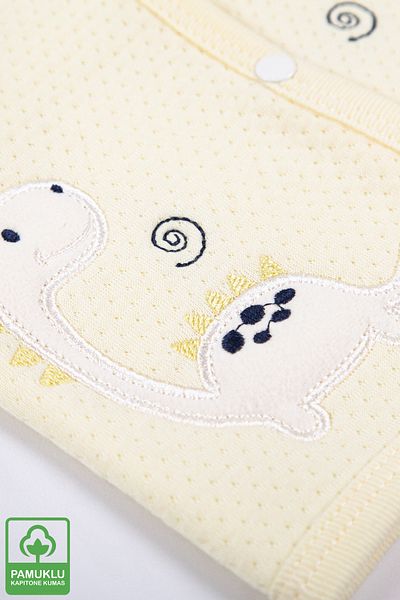 Miniel Unisex Baby Funny Dino Embroidered Organic Cotton 1-3-6-9 Months Quilted Baby Vest - Yellow