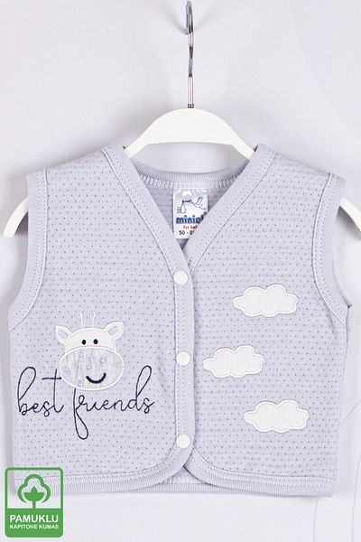 Miniel Unisex Baby Cloudy Cow Embroidered Organic Cotton 1-3-6-9 Months Quilted Baby Vest - Gray