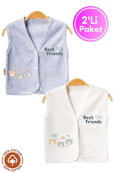 Miniel Unisex Baby Friends Teddy Bear Printed Organic Cotton 3-6-9 Months 2-Piece Combed Baby Vest Set