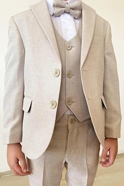 Tiril Tiril Erkek Çocuk Ceketli Yelekli Papyonlu Takım Elbise Bej