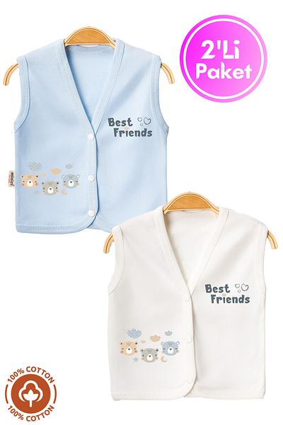 Miniel Unisex Baby Friends Teddy Bear Printed Organic Cotton 3-6-9 Months 2-Piece Combed Baby Vest Set