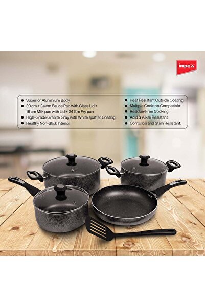 İMPEX 8pcs Cookware Set,5 Layer Granite Coating,Frypan 24cm,2 Saucepan withlid20&24cm,Milkpan withlid 18cm