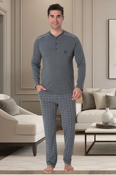 By Mecit Pijama Σετ ανδρικών πιτζάμες - Plus Size, μακρυμάνικο, καρό πάτο 90% βαμβάκι 10% βισκόζη