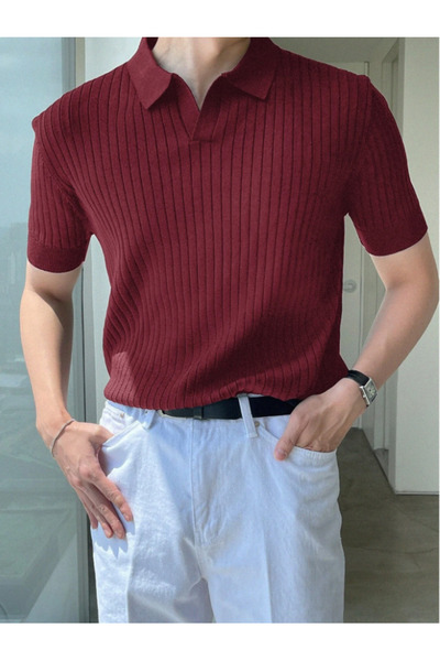 BLUE STREET Claret Red Men's Ribbed Polo Collar Knitwear T-Shirt