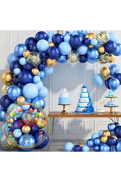 Ata Parti Dünyası Navy Blue Chrome Gold Light Blue Transparent Chain Balloon Set - 60 Pieces + Balloon Strip + 10Gr Balloon Scale
