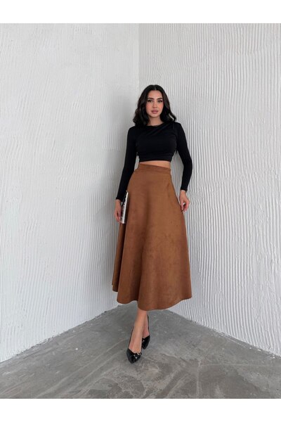 ByMisa Store Сукня з еластичним поясом, підходить для носіння з хіджабом, з табачного замшу, з кльошем