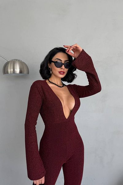 Neşeli Butik Women Burgundy Low-Cut Novel Sim Maxi Jumpsuit Nbdf118