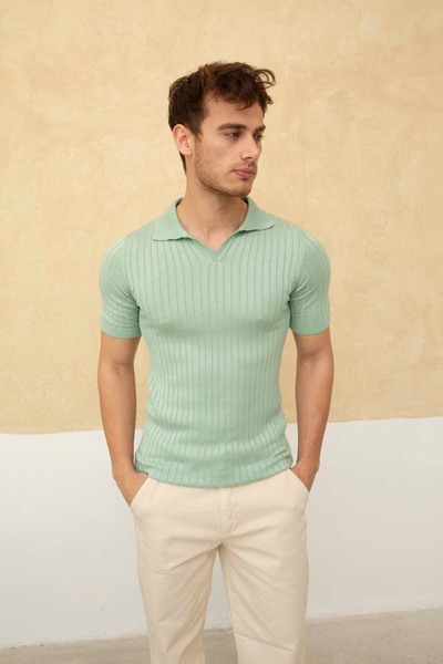 BLUE STREET Men's Ribbed Polo Collar Knitwear T-Shirt