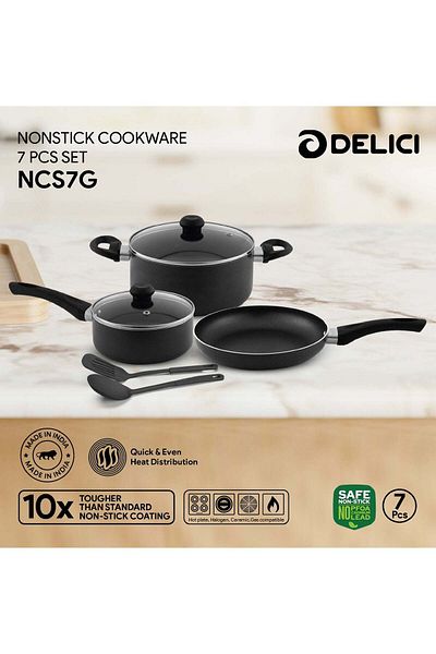 DELICI 7pcs Cookware Set,High Grade Coating,Frypan 24cm, Saucepan withlid 24cm,Milkpan withlid 18cm