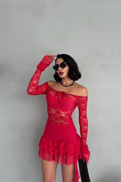 Neşeli Butik Rochie de damă mini roșie din dantelă de sezon nou - NBDF133