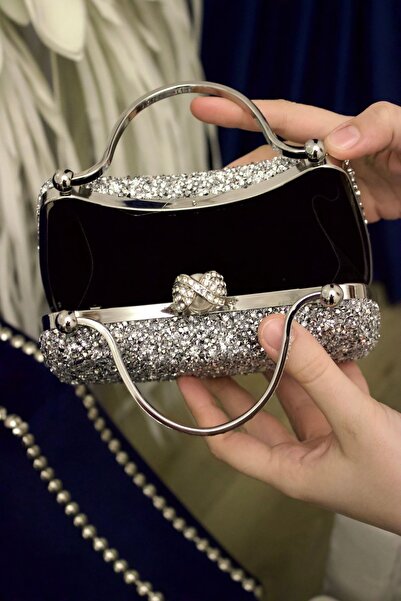 mossi Gümüş Çift Yönlü Taşlı Çift Saplı Zincirli Abiye Çanta