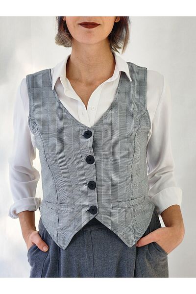YAXİ Grey Plaid Patterned Decoration Pocket Buttoned Textured Vest