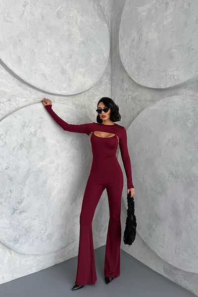 Neşeli Butik Women's Burgundy Bolero Detailed Spanish Jumpsuit Nbdf120