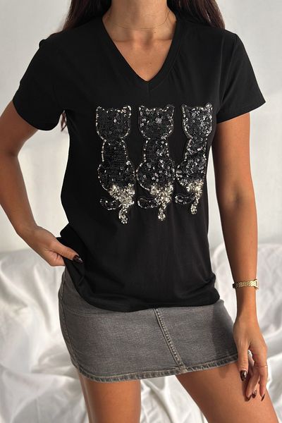 FEMELLE Tricou negru de damă, cu decolteu în V, cu paiete de pisică, brodat 100% bumbac