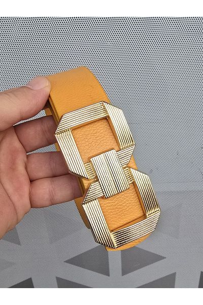 Kemerix Women's Gold Buckle Mustard Yellow Belt