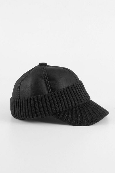 Külah Men's Knit Brim Detailed Faux Leather Eared Hat - Black