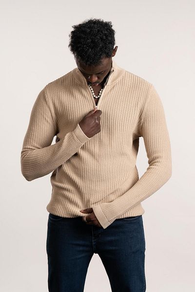 FBI Zip-Up Fisherman Self-Striped Braided Lycra Slimfit Knitwear Sweater