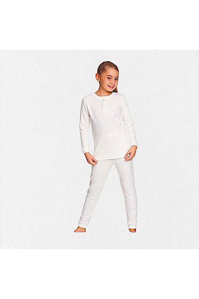 elmas kids Girls' 100% Cotton Winter Ecru Cream Long Sleeve Basic Pajamas Set