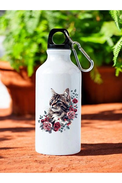 lili hediyelik Cat Printed Water Bottle with Roses