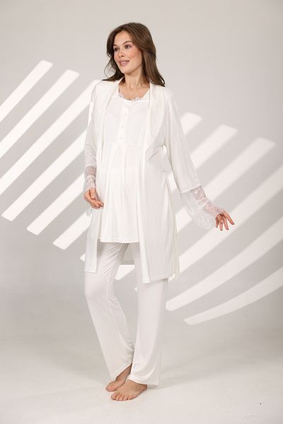 LOHOUSE Ecru Lace Cotton Maternity 3-Piece Maternity Pajamas Set - Short Sleeve