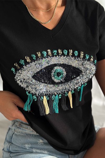 FEMELLE Tricou negru pentru femei, cu decolteu în V, cu model de ochi, cu paiete, brodat cu ciucuri, 100% bumbac