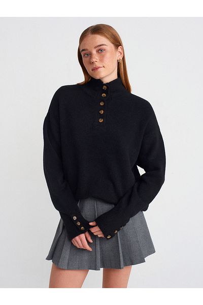 Dilvin 10700 Stand Collar Buttoned Knitwear Sweater-Black