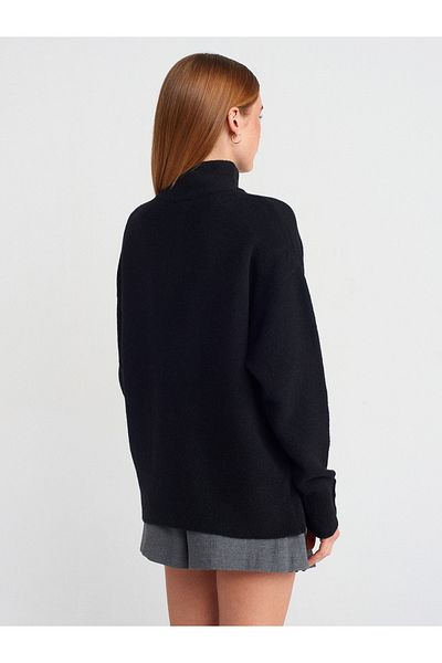 Dilvin 10700 Stand Collar Buttoned Knitwear Sweater-Black