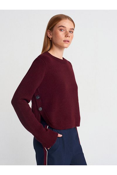 Dilvin 10702 Crew Neck Side Button Knitwear Sweater-Claret Red