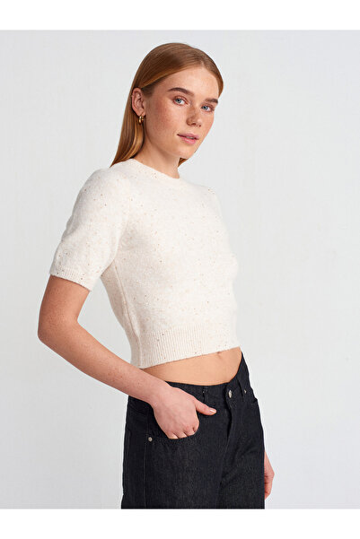 Dilvin 10703 Pulover din tricot cu sclipici cu paiete cu gâtul turnat-crem