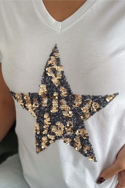FEMELLE Tricou alb pentru femei, cu decolteu în V, cu model de stea, cu paiete brodate, 100% bumbac