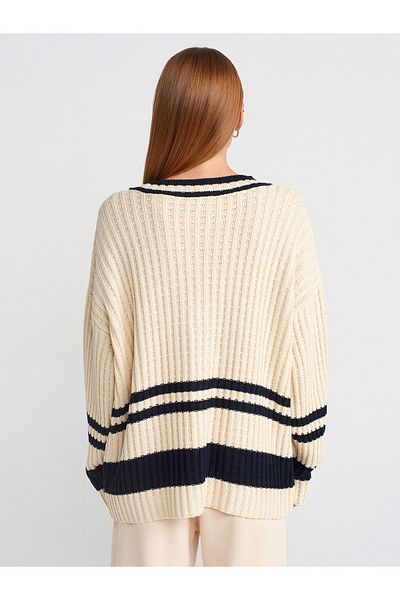 Dilvin 60951 V-Neck Striped Knitwear Cardigan - Button and Pocket, Ecru-L.